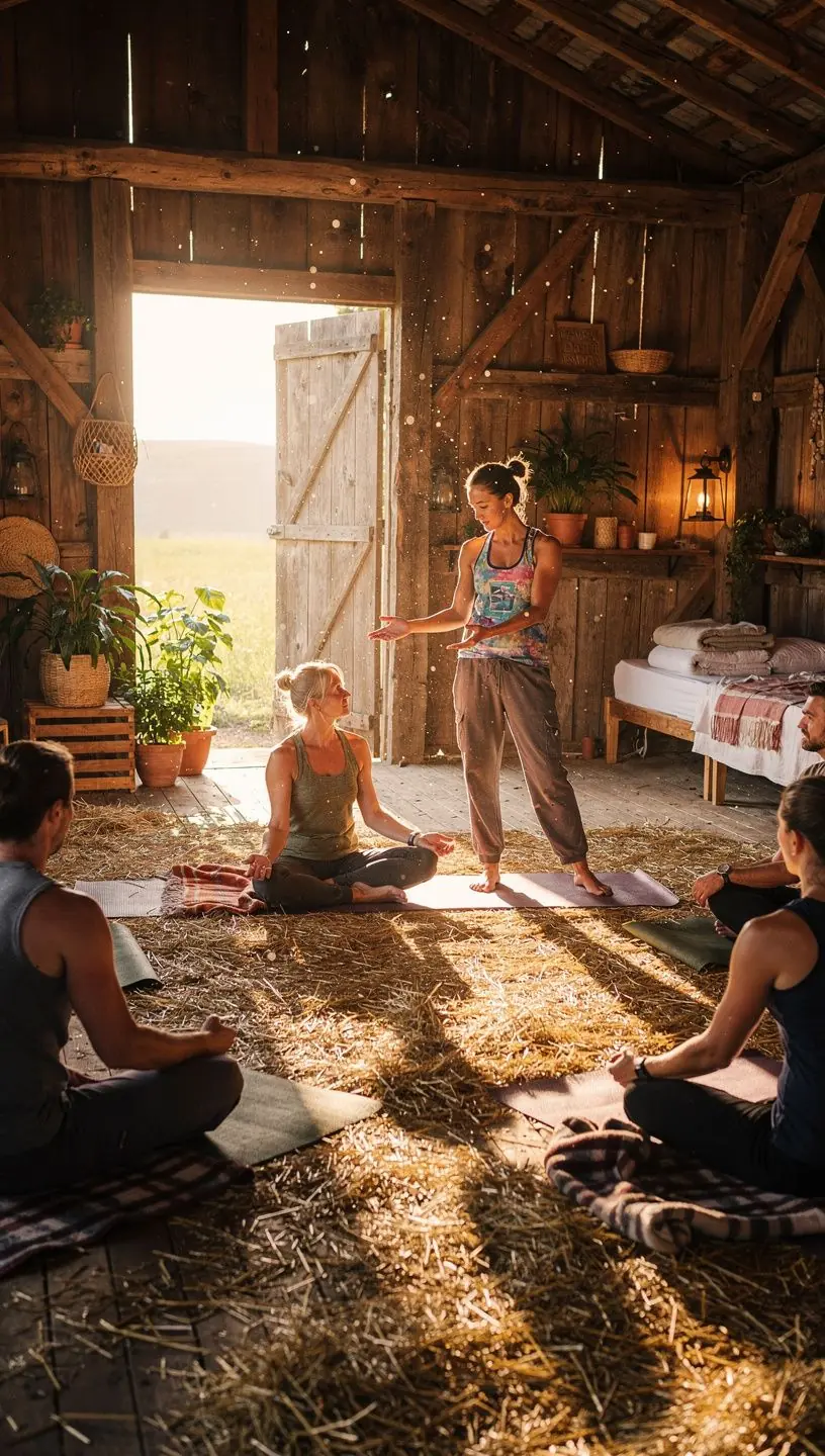 Tourists learning about ecological practices from a local farmer in a barn setting.
