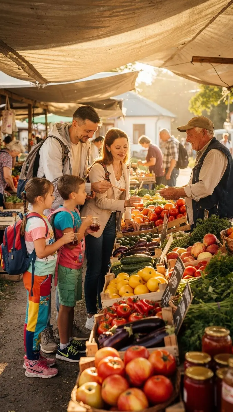 Scenic European farm landscape showcasing sustainable agriculture and natural surroundings with tourists engaging in eco-friendly activities.