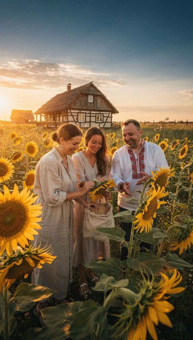 Visitors engaging in hands-on ecological activities on a European farm, learning about local agriculture and environmental conservation in a rural setting.